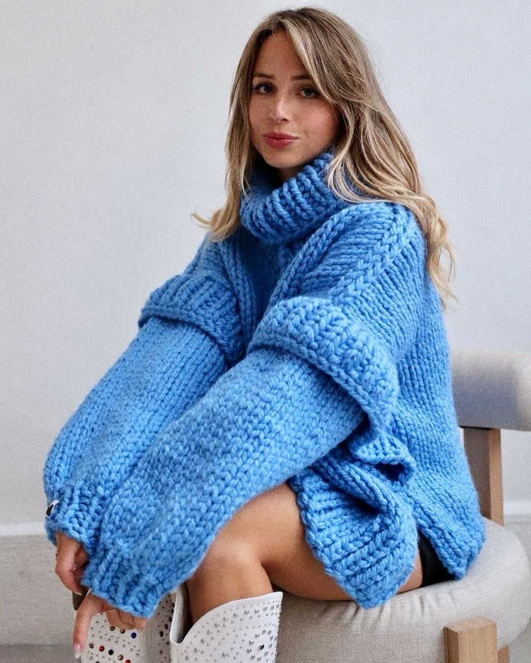 Damen Grobstrick Rollkragenpullover mit Langen Ärmeln und Rippbündchen