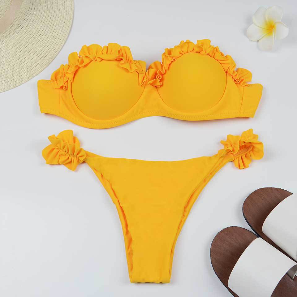 Dames tweedelige bikini met strapless top, ruches en striksluiting op de rug