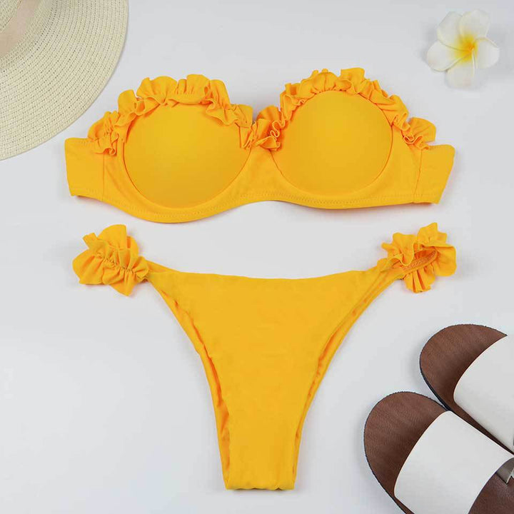 Dames tweedelige bikini met strapless top, ruches en striksluiting op de rug