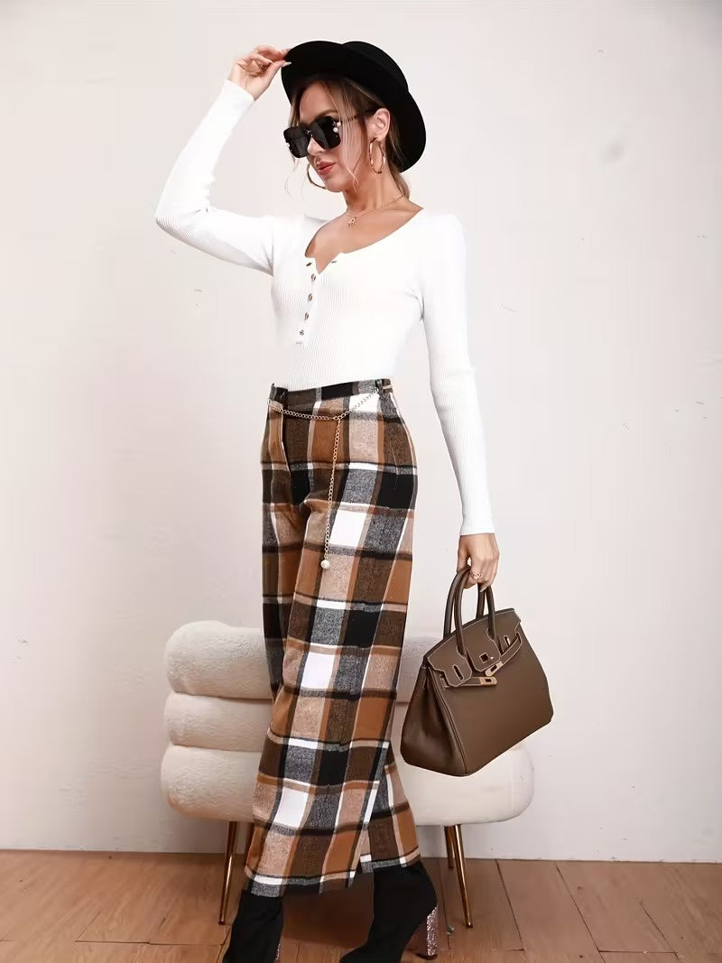 Damenhose mit Weitem Bein und Karomuster