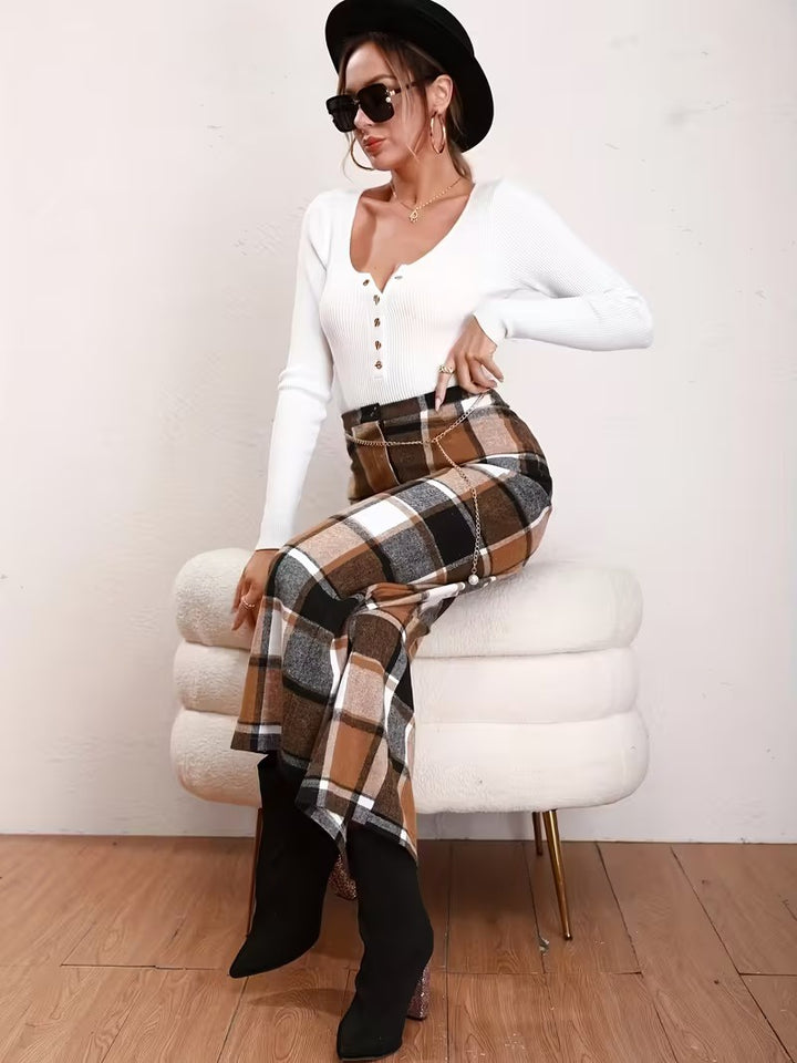 Damenhose mit Weitem Bein und Karomuster