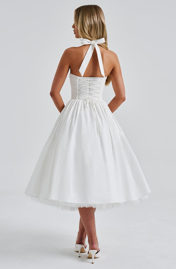 Cocktailkleid Damen Midi mit Neckholder-Bindung Korsett-Schnuerung und Tuellsaum