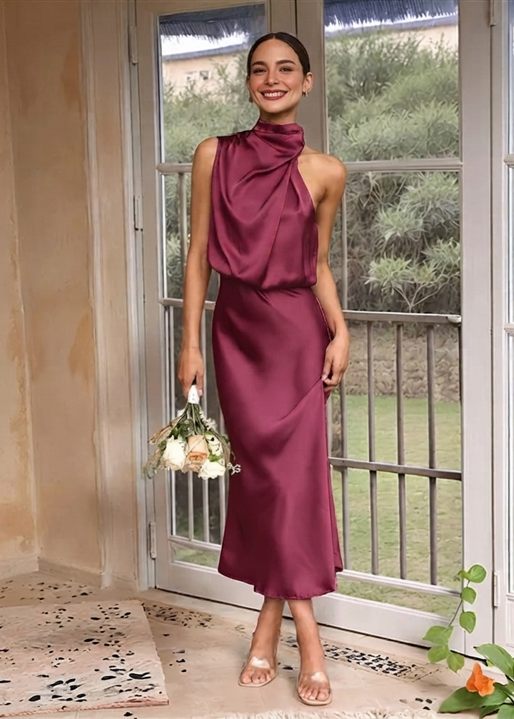 Damen Ärmelloses Midikleid mit Hohem Kragen und Drapierung in Satinoptik