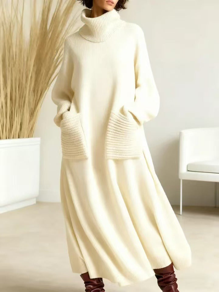 Mila | Damen Strick-Maxikleid mit weitem Ausschnitt und langen Ärmeln