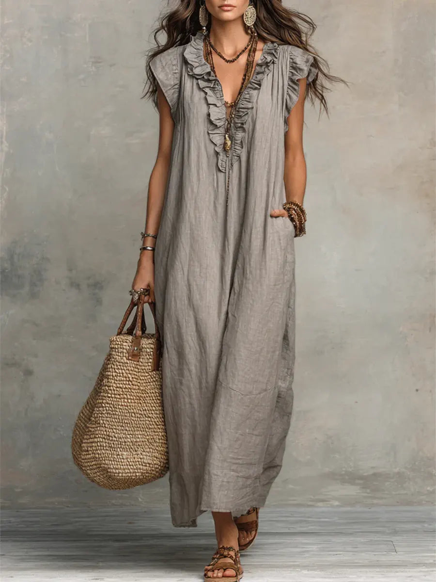 Amalia | Damen Fließendes Leinenlook Maxikleid