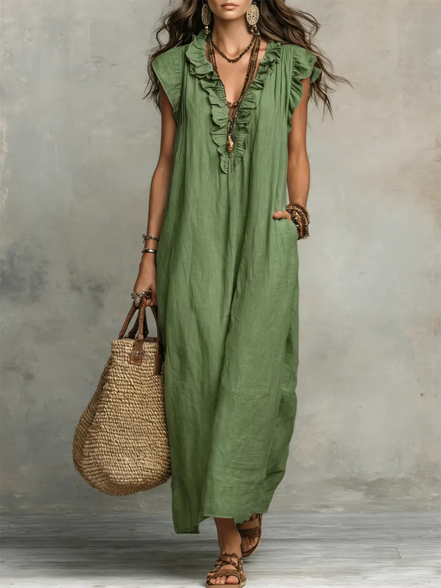Amalia | Damen Fließendes Leinenlook Maxikleid