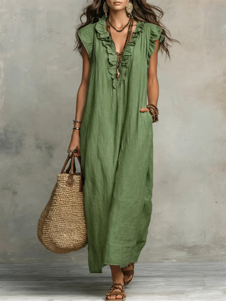 Amalia | Damen Fließendes Leinenlook Maxikleid