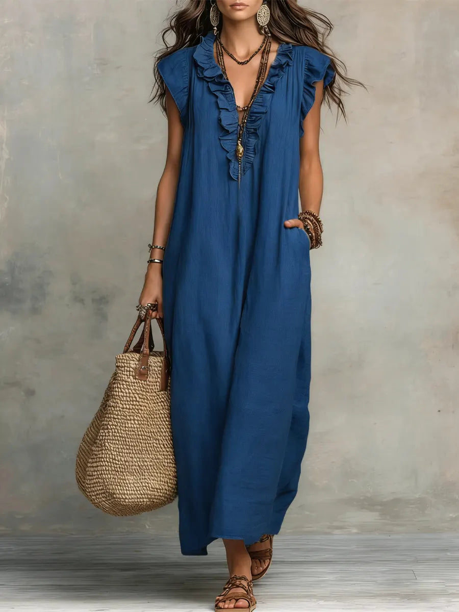 Amalia | Damen Fließendes Leinenlook Maxikleid