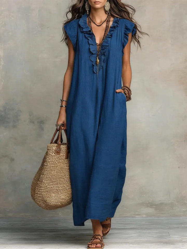 Amalia | Damen Fließendes Leinenlook Maxikleid