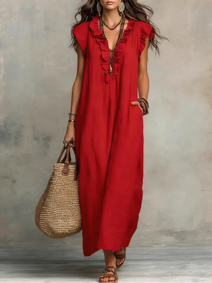 Amalia | Damen Fließendes Leinenlook Maxikleid