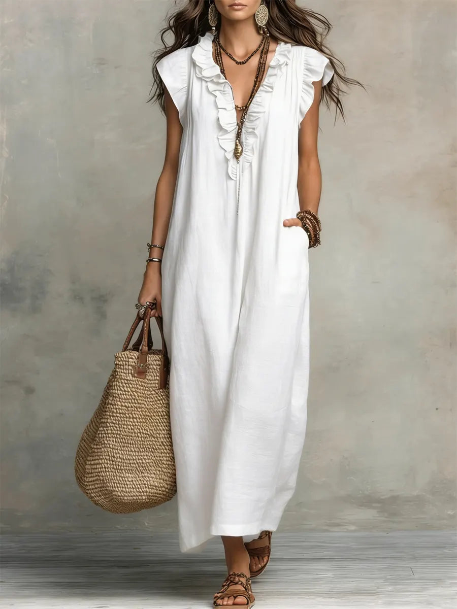 Amalia | Damen Fließendes Leinenlook Maxikleid
