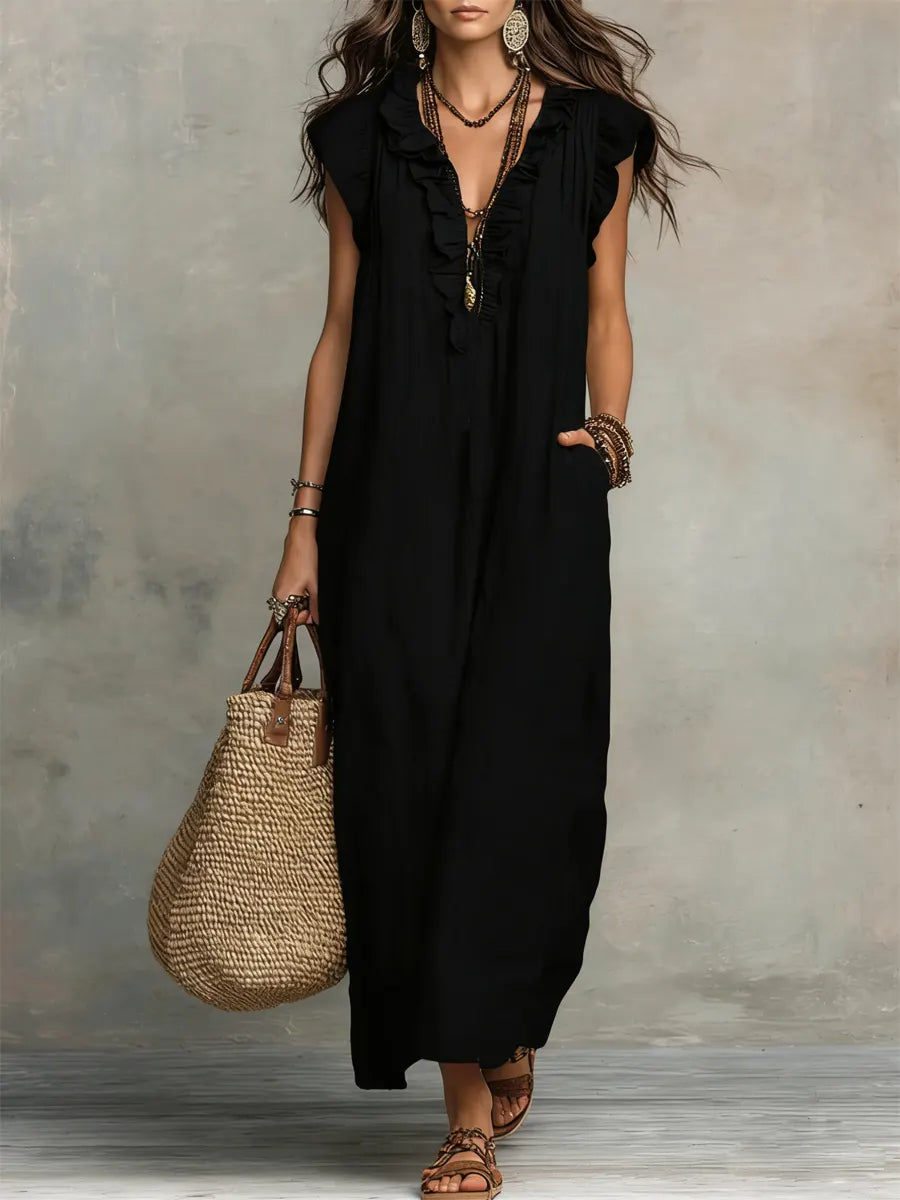 Amalia | Damen Fließendes Leinenlook Maxikleid
