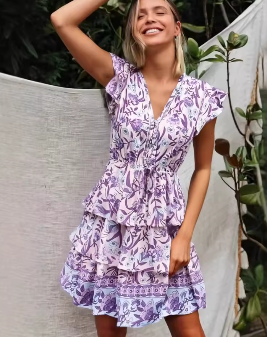 Anika | Gestuftes Blumen Minikleid mit V-Ausschnitt