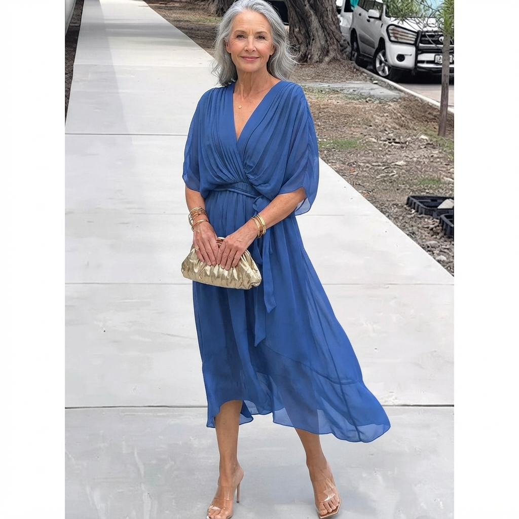 Annegret Damen Wickelkleid mit V-Ausschnitt, Bindegürtel und weiten Ärmeln – Blau