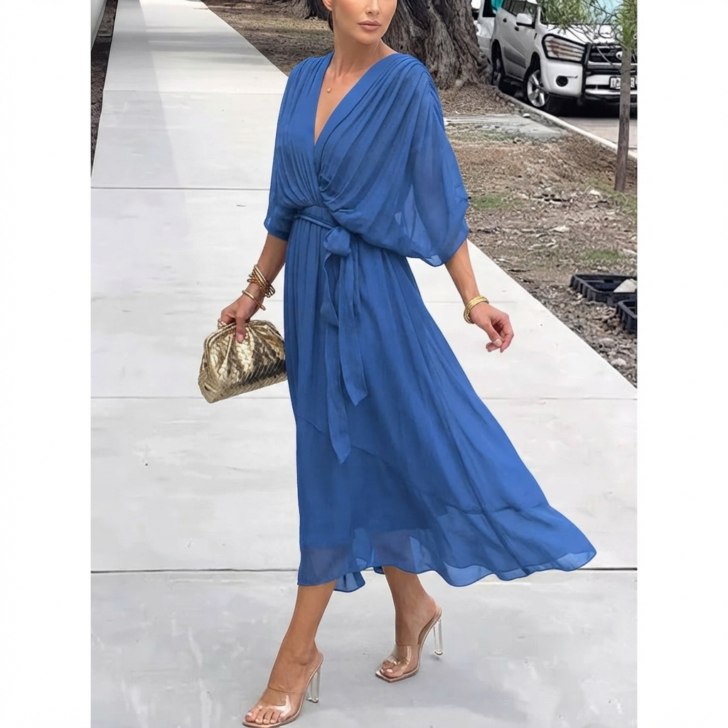 Annegret Damen Wickelkleid mit V-Ausschnitt, Bindegürtel und weiten Ärmeln – Blau