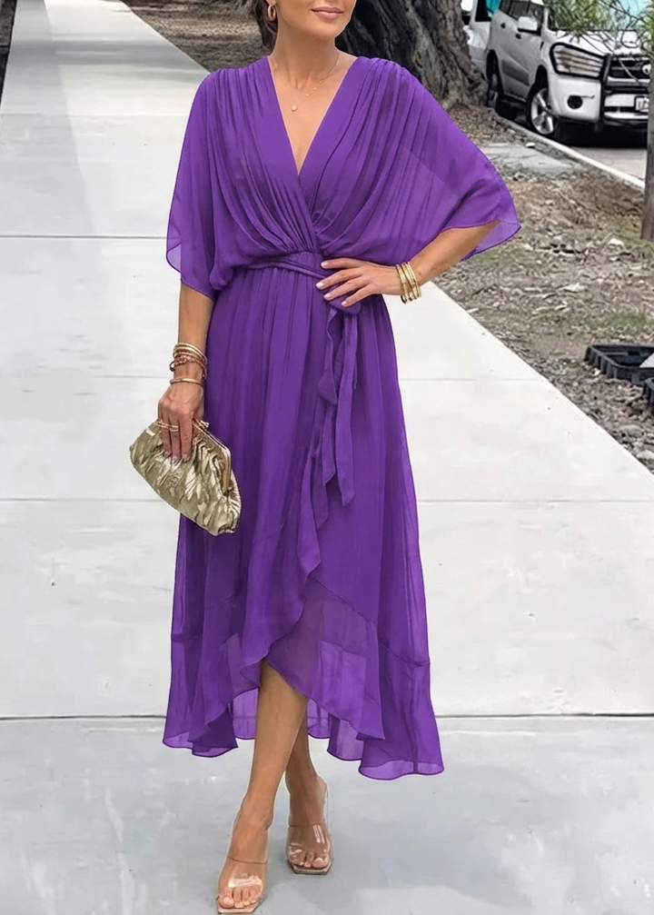 Annegret Damen Wickelkleid mit V-Ausschnitt, Bindegürtel und weiten Ärmeln – Lila