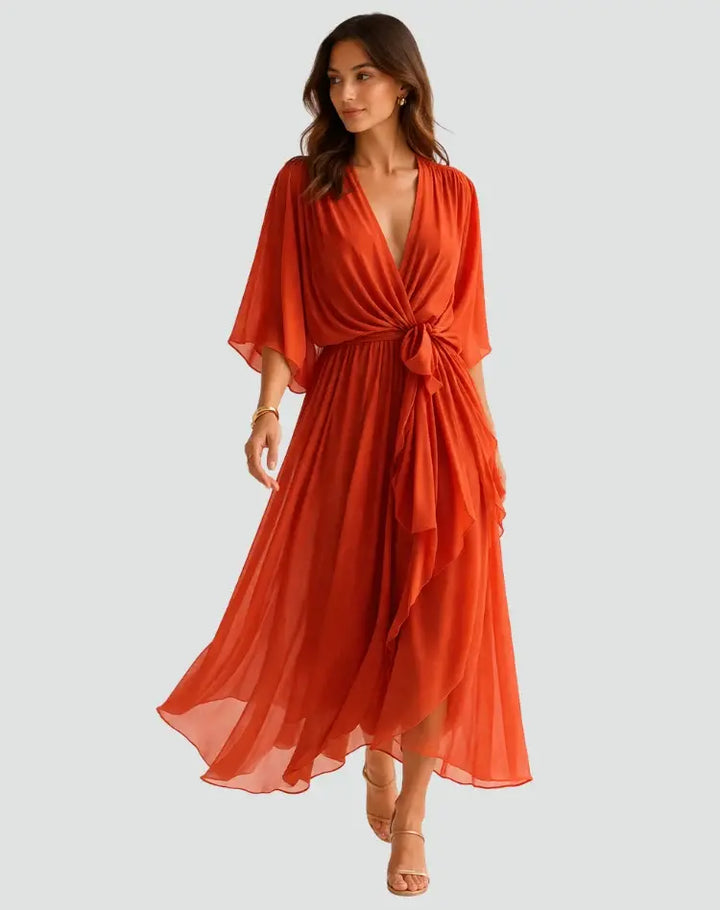 Annegret Damen Wickelkleid mit V-Ausschnitt, Bindegürtel und weiten Ärmeln – Orange
