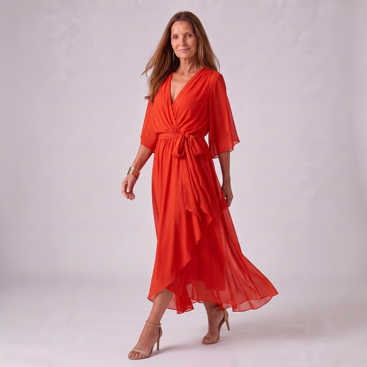 Annegret Damen Wickelkleid mit V-Ausschnitt, Bindegürtel und weiten Ärmeln – Orange