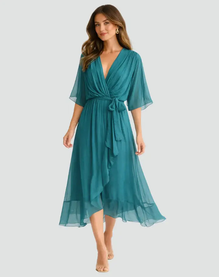 Annegret Damen Wickelkleid mit V-Ausschnitt, Bindegürtel und weiten Ärmeln – Türkis