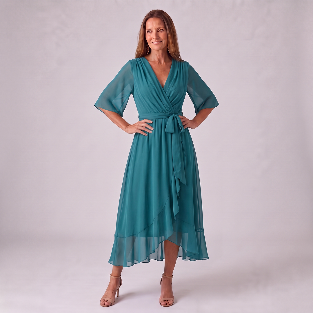 Annegret Damen Wickelkleid mit V-Ausschnitt, Bindegürtel und weiten Ärmeln – Türkis