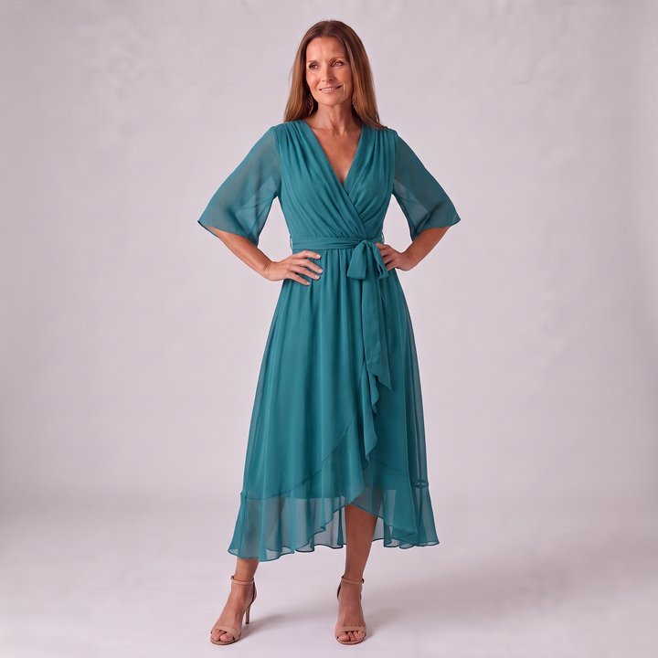 Annegret Damen Wickelkleid mit V-Ausschnitt, Bindegürtel und weiten Ärmeln – Türkis