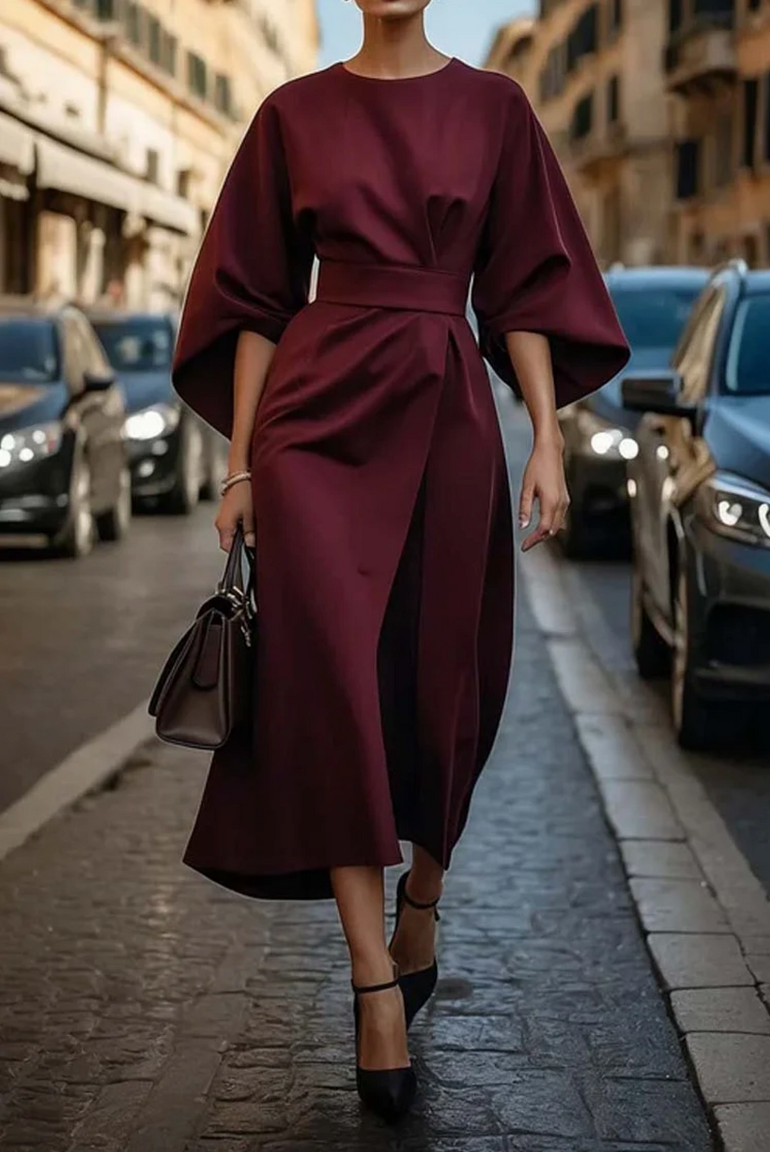 Annika | Damen taillenbetontes Midikleid mit Bindegürtel