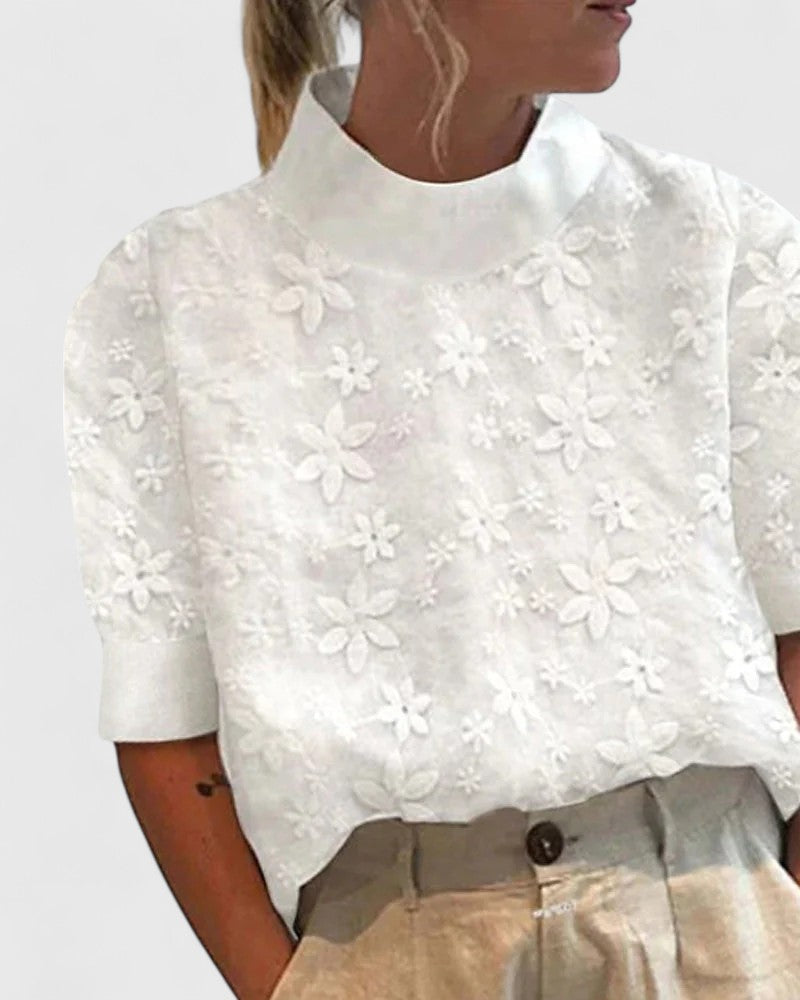 Antje Damen Bluse mit Stehkragen und floraler Stickerei – Weiß