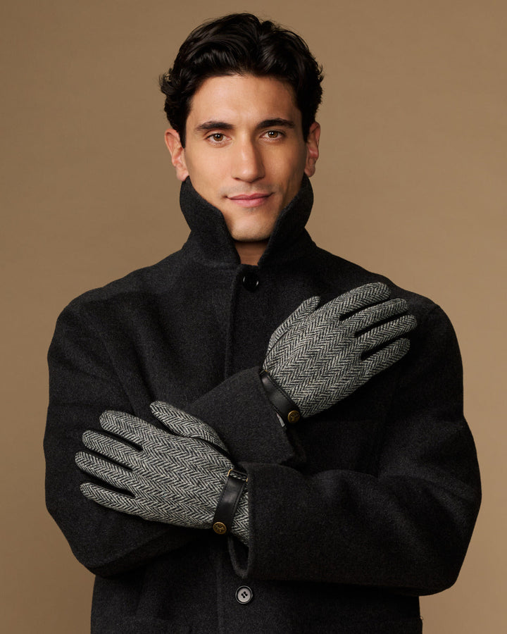 Herren Handschuhe mit Fischgratmuster und Druckknopfriegel – Grau