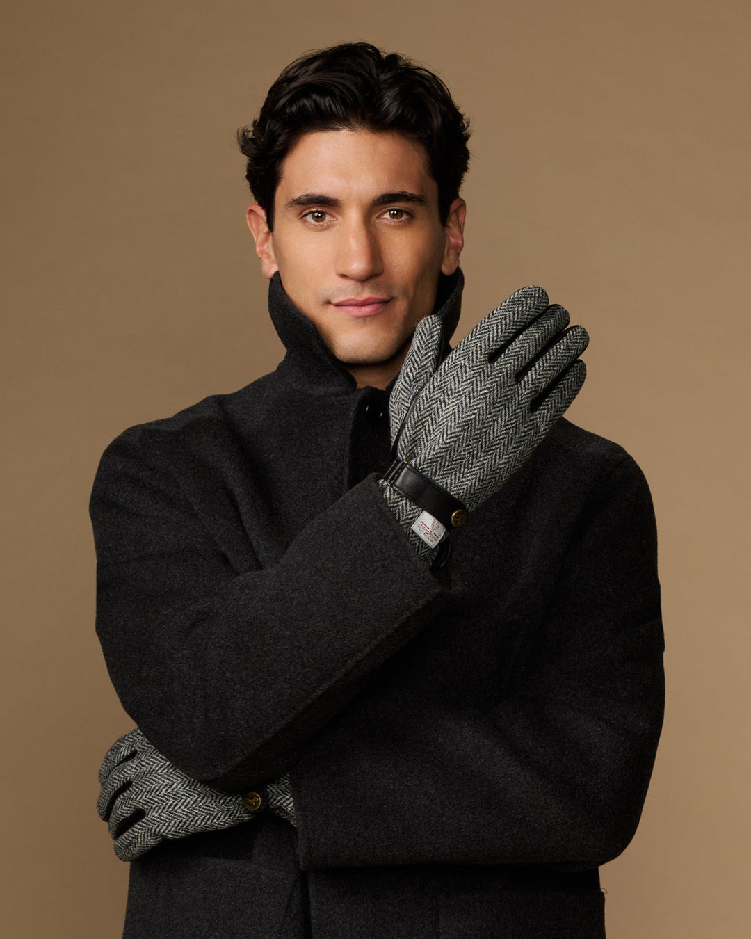 Herren Handschuhe mit Fischgratmuster und Druckknopfriegel – Grau
