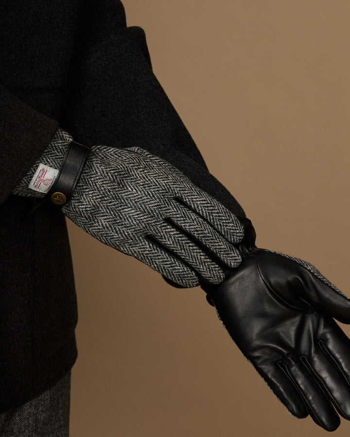Herren Handschuhe mit Fischgratmuster und Druckknopfriegel – Grau