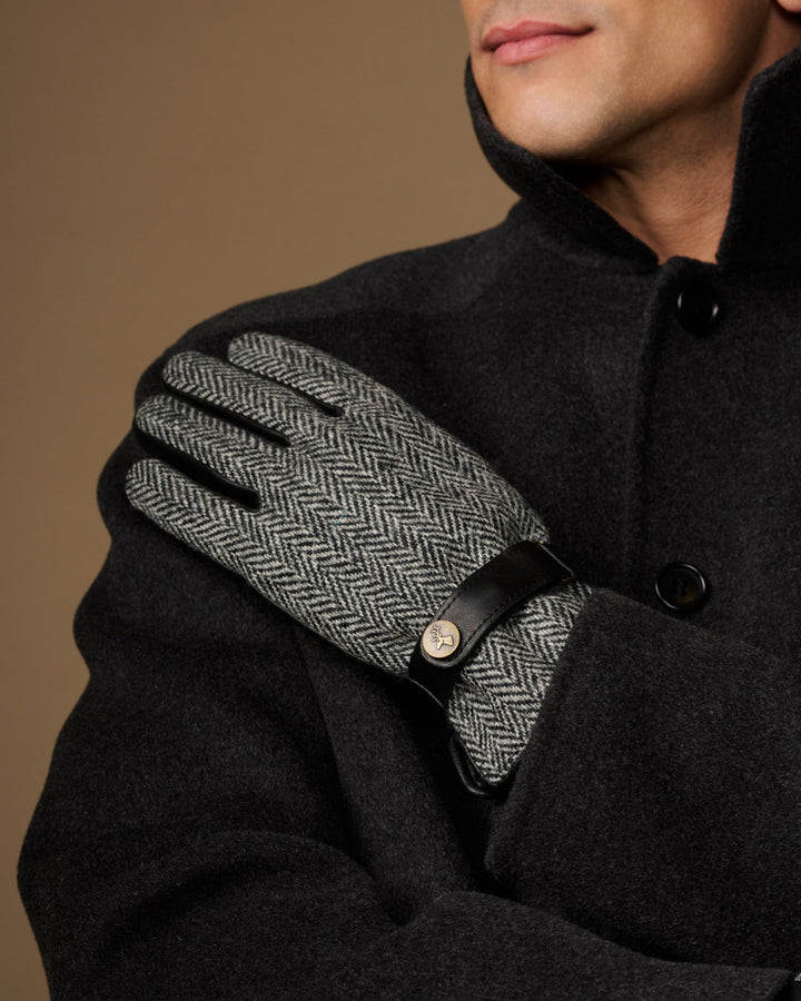 Herren Handschuhe mit Fischgratmuster und Druckknopfriegel – Grau