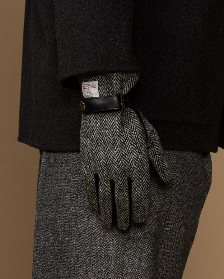 Herren Handschuhe mit Fischgratmuster und Druckknopfriegel – Grau