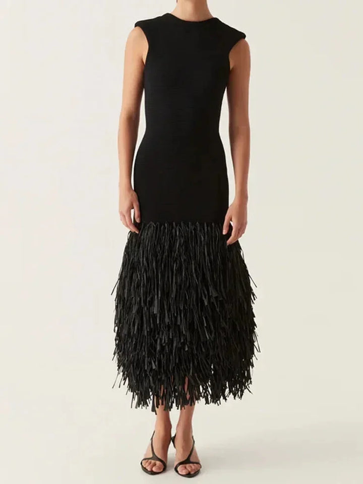 Ballkleider Damen – Ärmelloses Midikleid mit Fransensaum