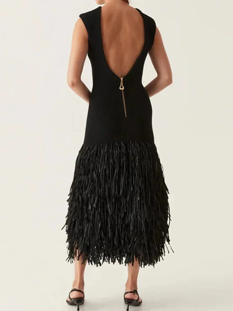 Ballkleider Damen – Ärmelloses Midikleid mit Fransensaum