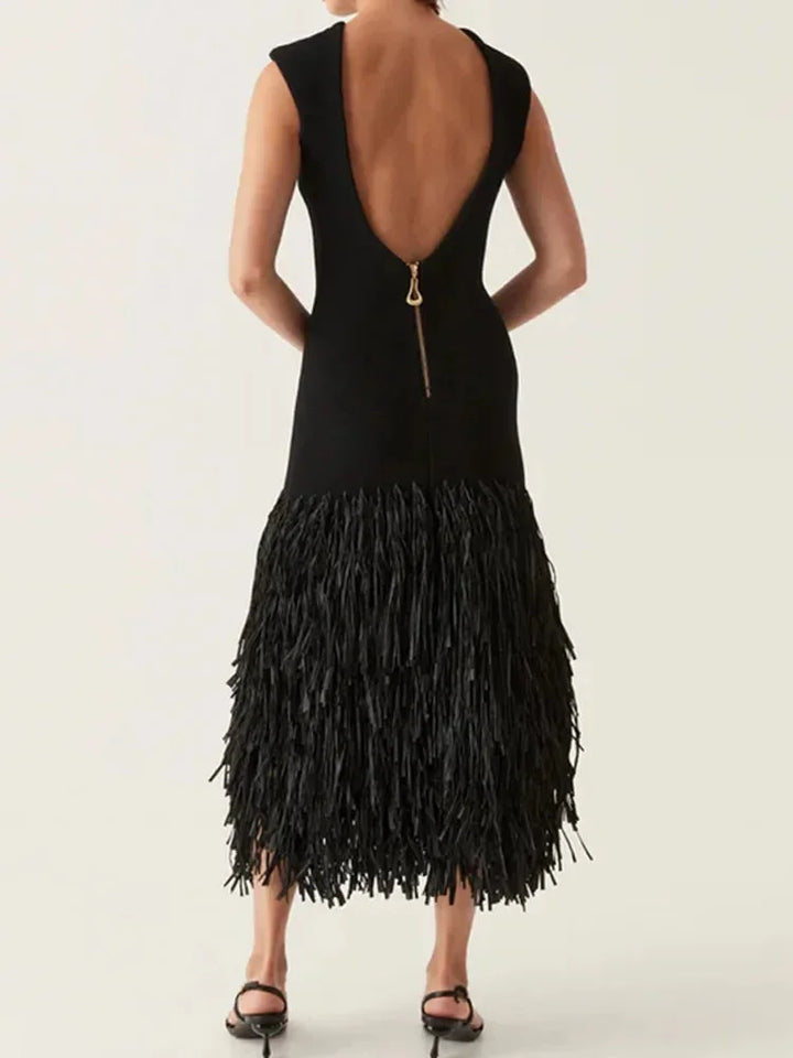 Ballkleider Damen – Ärmelloses Midikleid mit Fransensaum