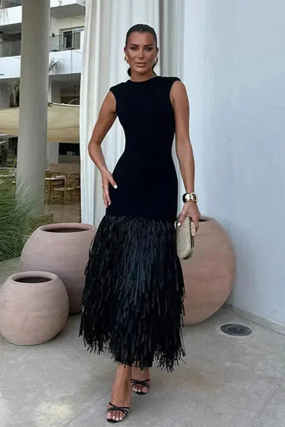 Ballkleider Damen – Ärmelloses Midikleid mit Fransensaum