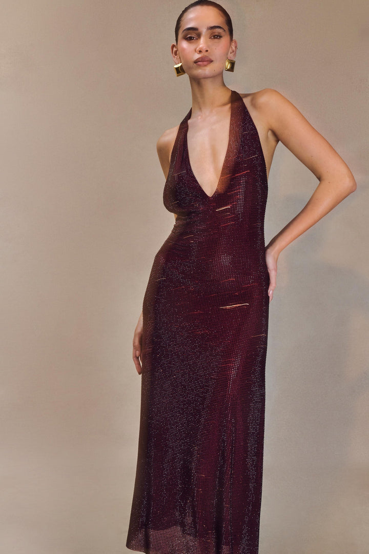 Ballkleider Damen – Glänzendes Maxikleid mit Neckholder