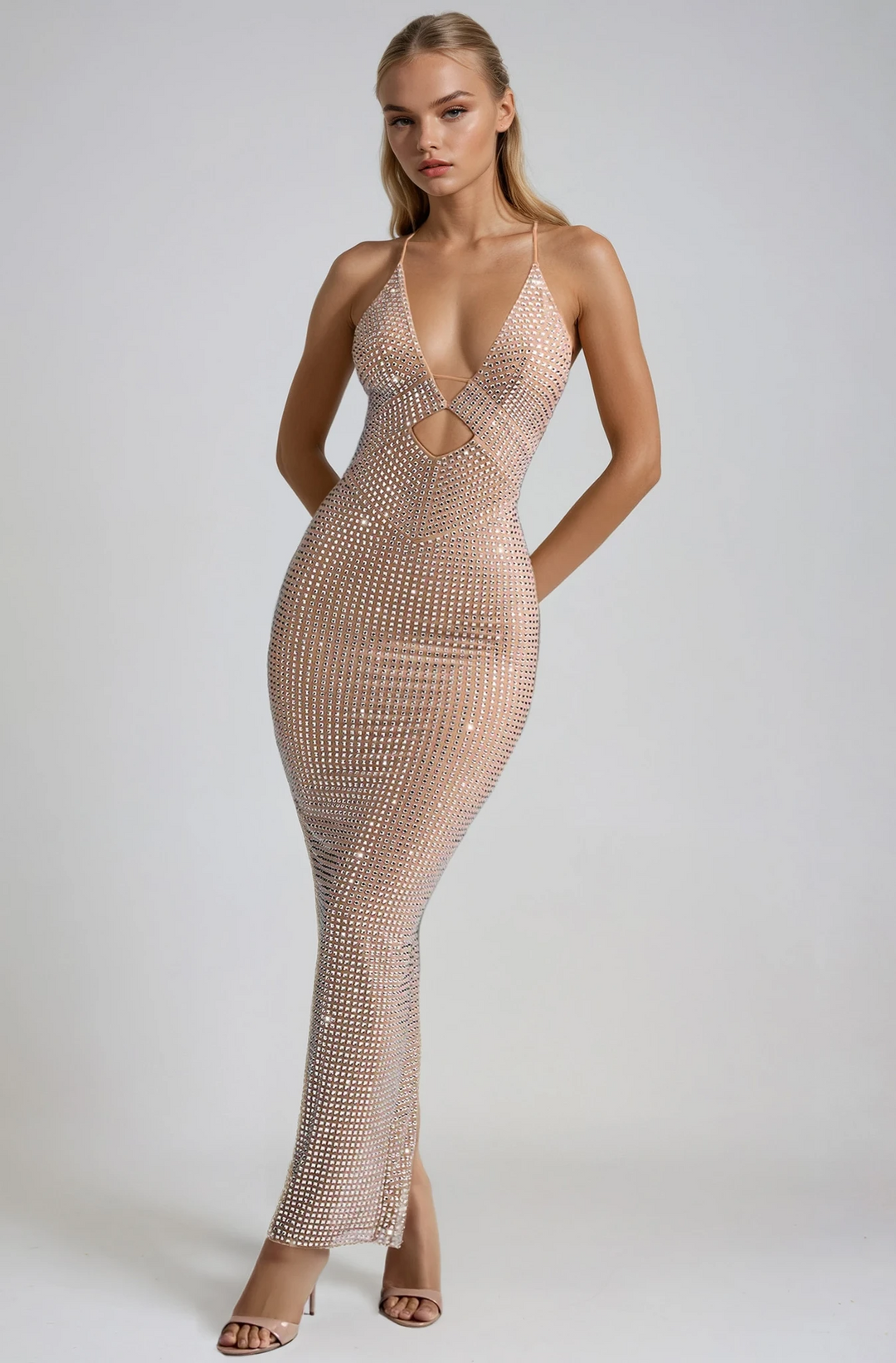 Ballkleider Damen – Midikleid mit Neckholder und Strasssteinen
