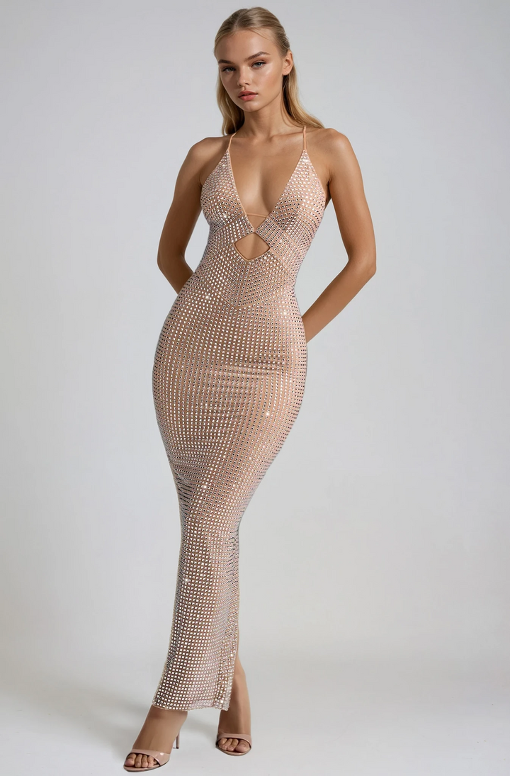Ballkleider Damen – Midikleid mit Neckholder und Strasssteinen