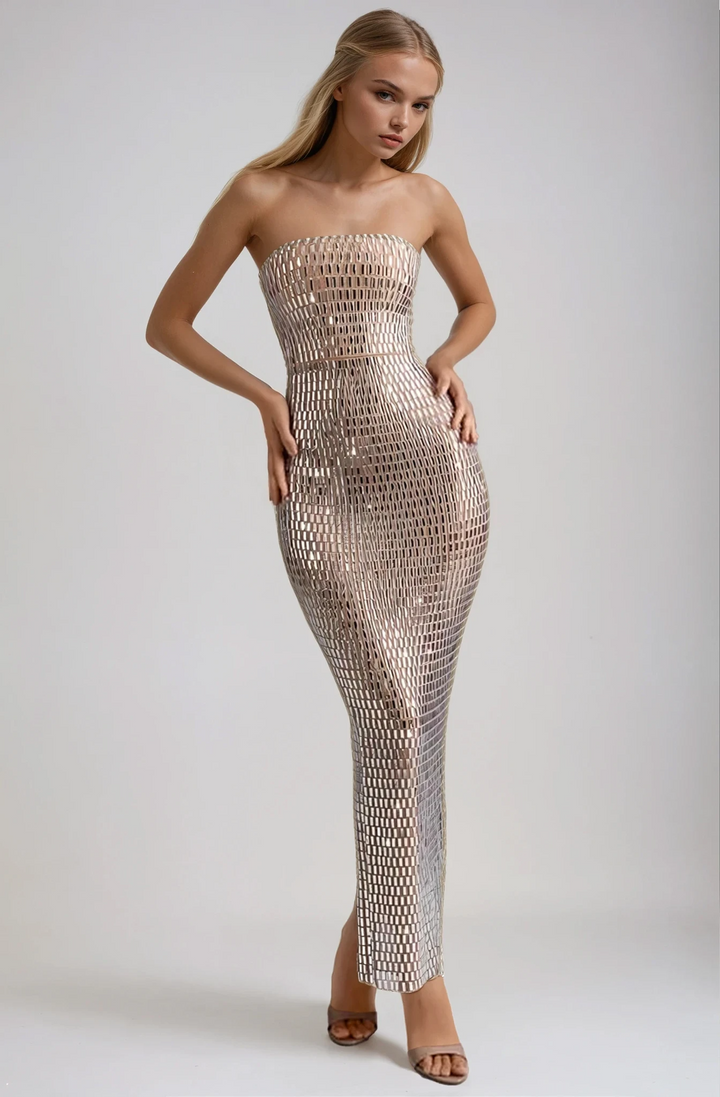 Ballkleider Damen – Trägerloses Maxikleid mit Glitzerverzierung