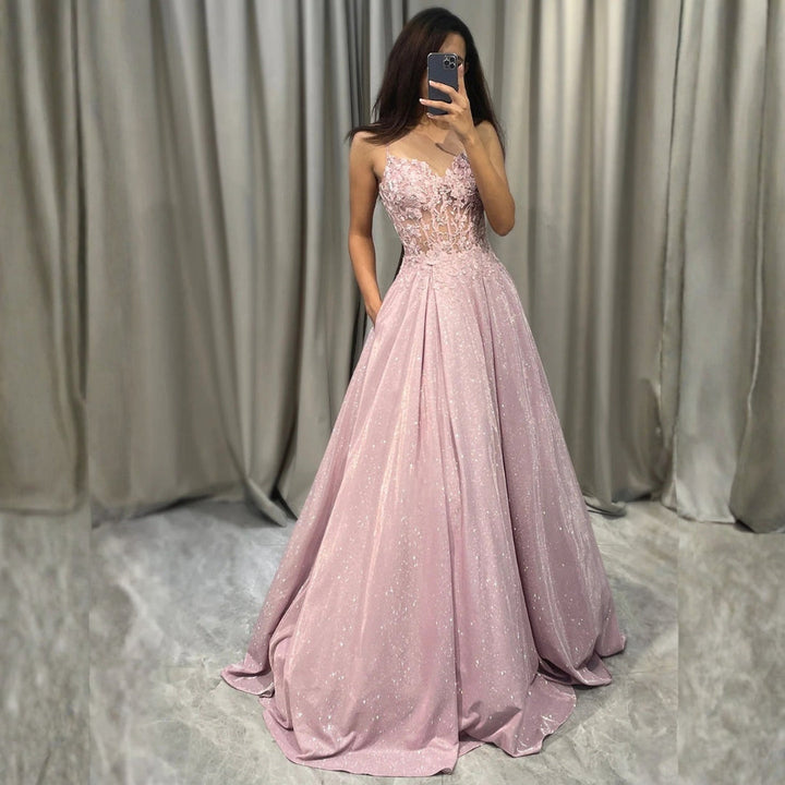 Ballkleider Damen – Verziertes Maxikleid mit Schmalen Trägern