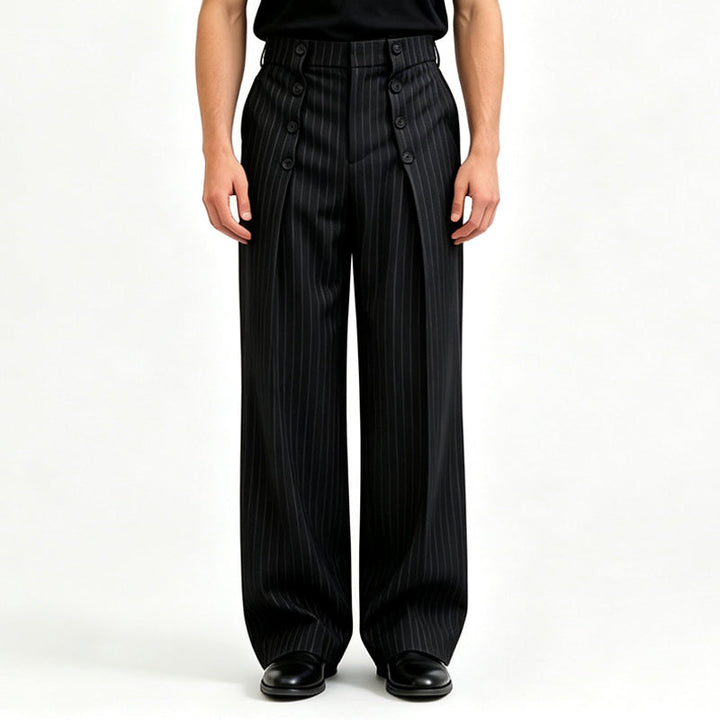 Herren Hochbundhose mit zweireihigem Knopfverschluss und geradem Bein – Schwarz