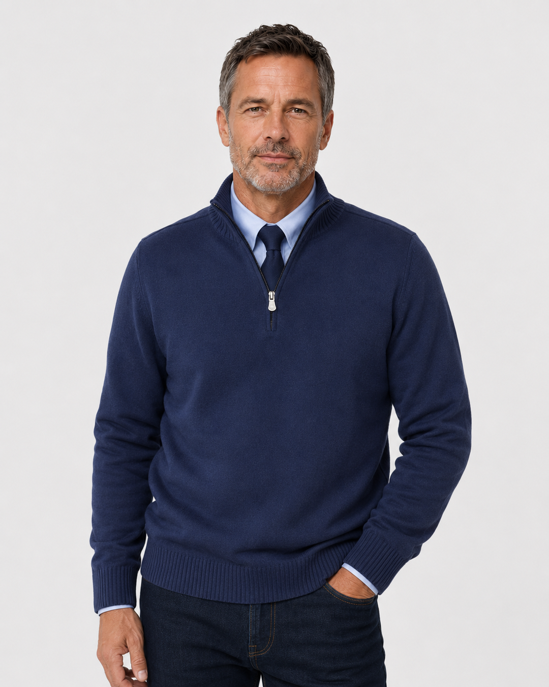 Bastian Herren Strickpullover mit Halbreißverschluss und Rippbündchen