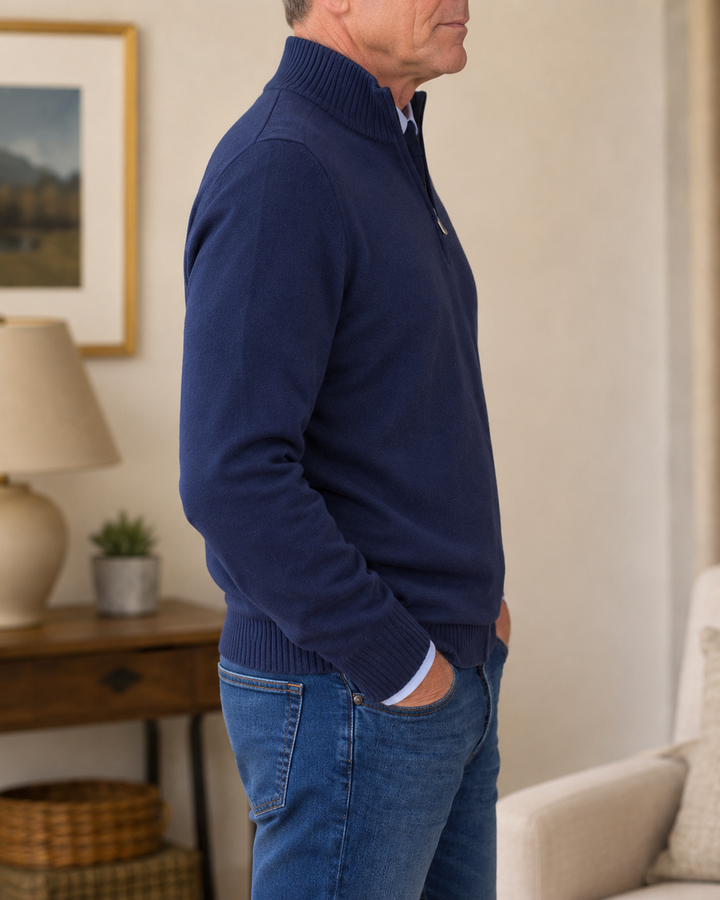 Bastian Herren Strickpullover mit Halbreißverschluss und Rippbündchen