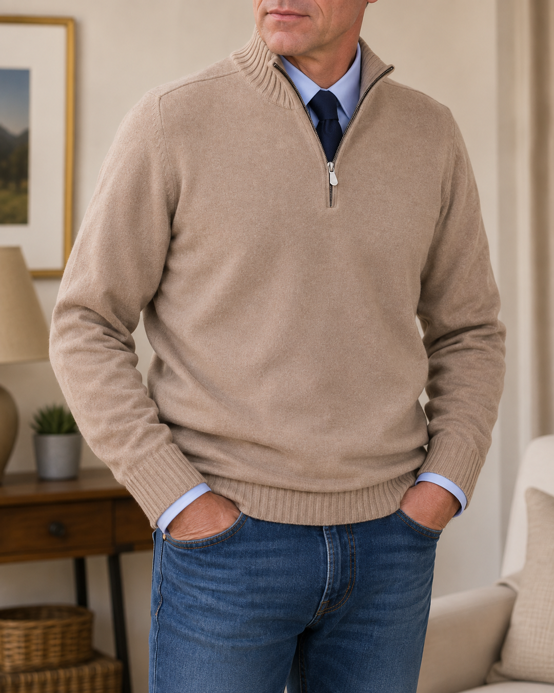 Bastian Herren Strickpullover mit Halbreißverschluss und Rippbündchen – Beige