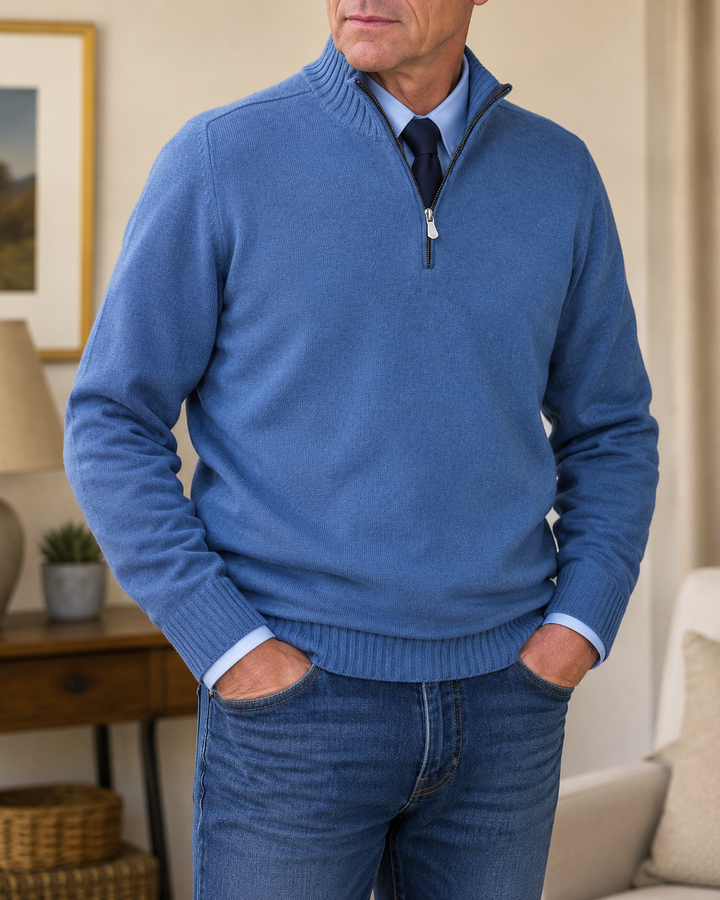 Bastian Herren Strickpullover mit Halbreißverschluss und Rippbündchen – Blau