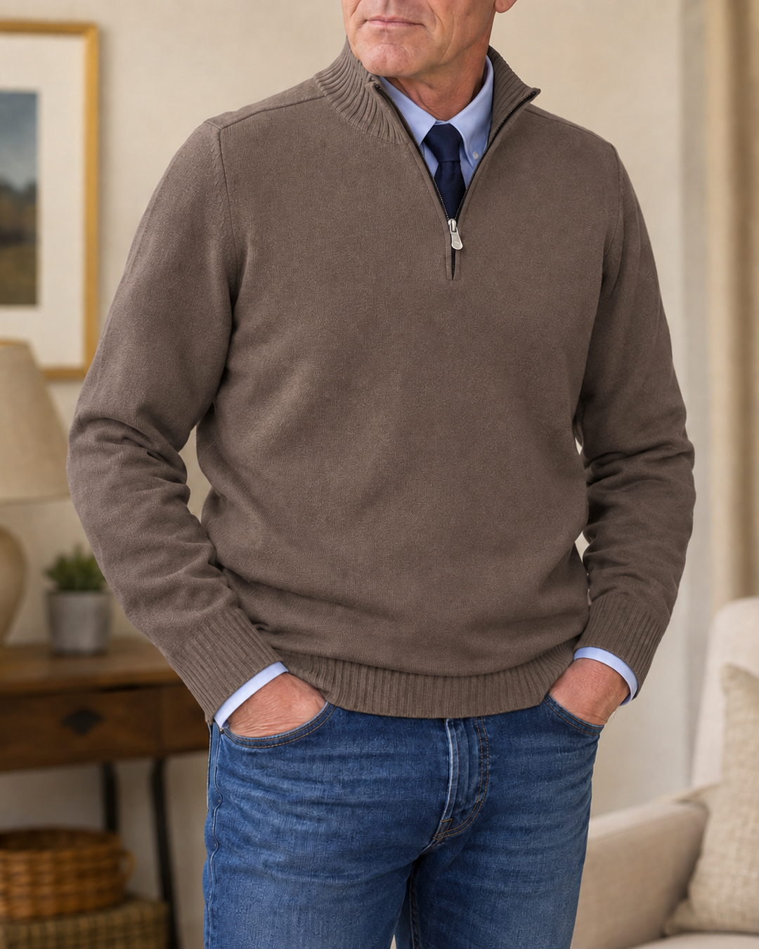 Bastian Herren Strickpullover mit Halbreißverschluss und Rippbündchen – Braun