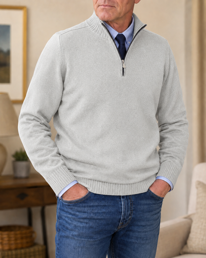 Bastian Herren Strickpullover mit Halbreißverschluss und Rippbündchen – Grau