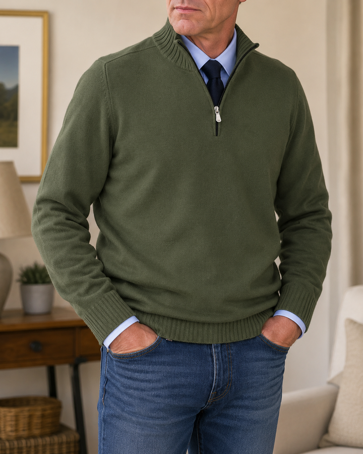 Bastian Herren Strickpullover mit Halbreißverschluss und Rippbündchen – Grün