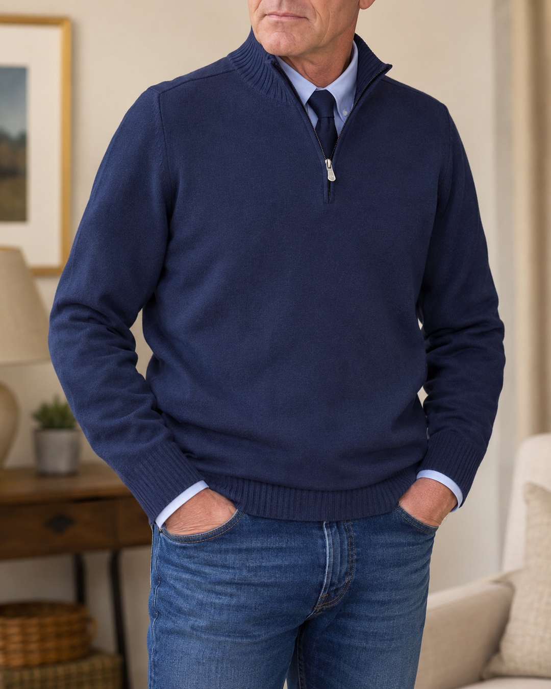 Bastian Herren Strickpullover mit Halbreißverschluss und Rippbündchen – Marineblau
